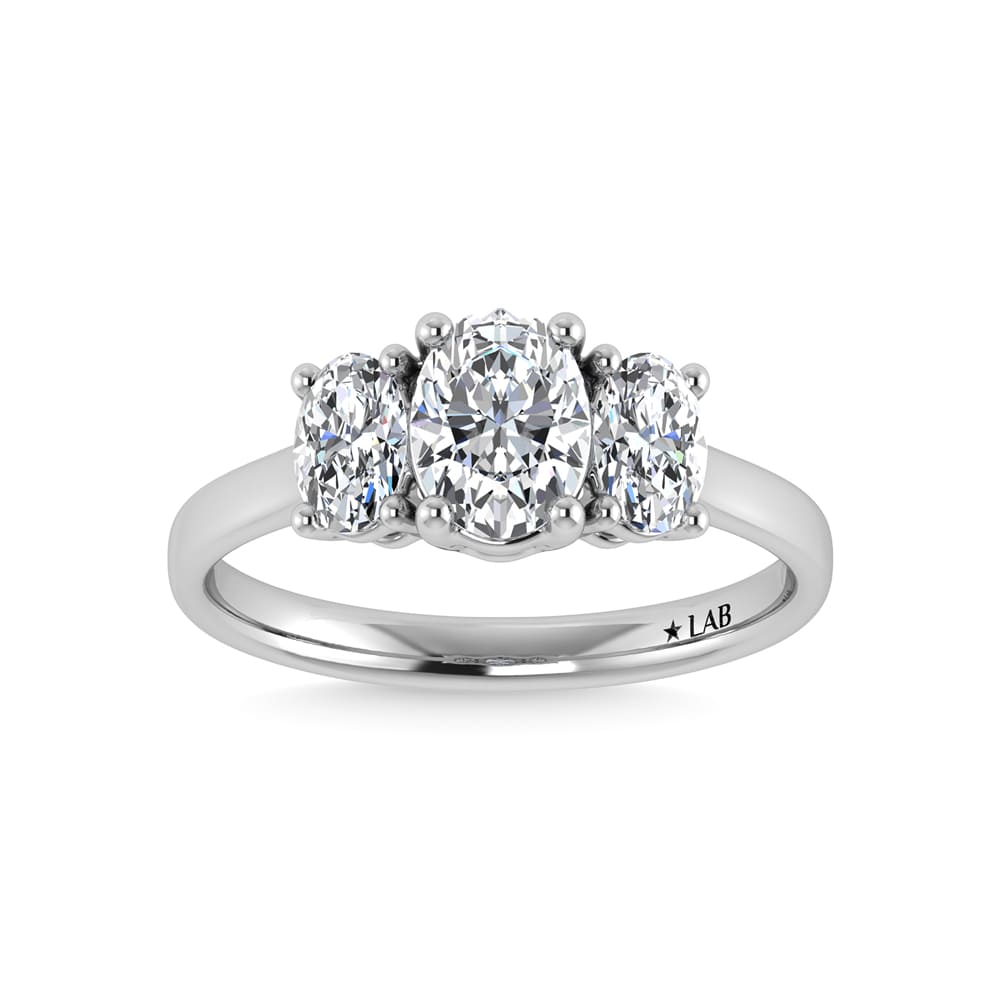 14K White Gold Lab Grown Diamond 1 1/2 Ct.Tw. Plain Shank Oval Shape Three Stone Engagement Ring