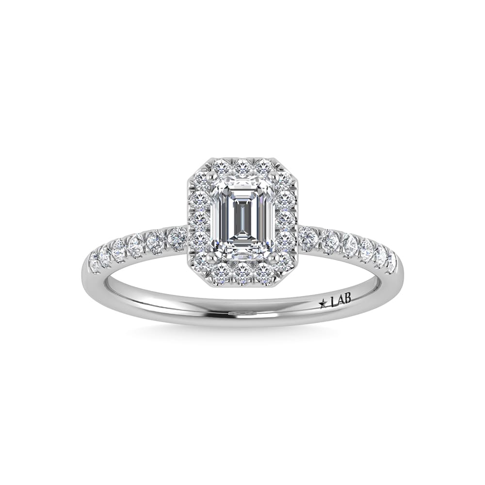 14K White Gold Lab Grown Diamond  1 3/4 Ct.Tw. IGI Certified Emerald Shape Halo Engagement Ring