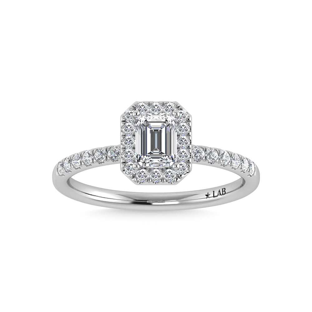 14K White Gold Lab Grown Diamond  4 1/3 Ct.Tw. IGI Certified Emerald Shape Halo Engagement Ring
